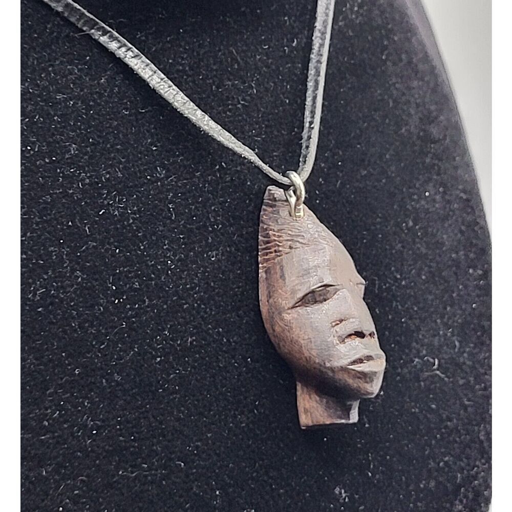 Vintage Tribal Carved Wooden Mask African Face Waxed Leather Cord 27in